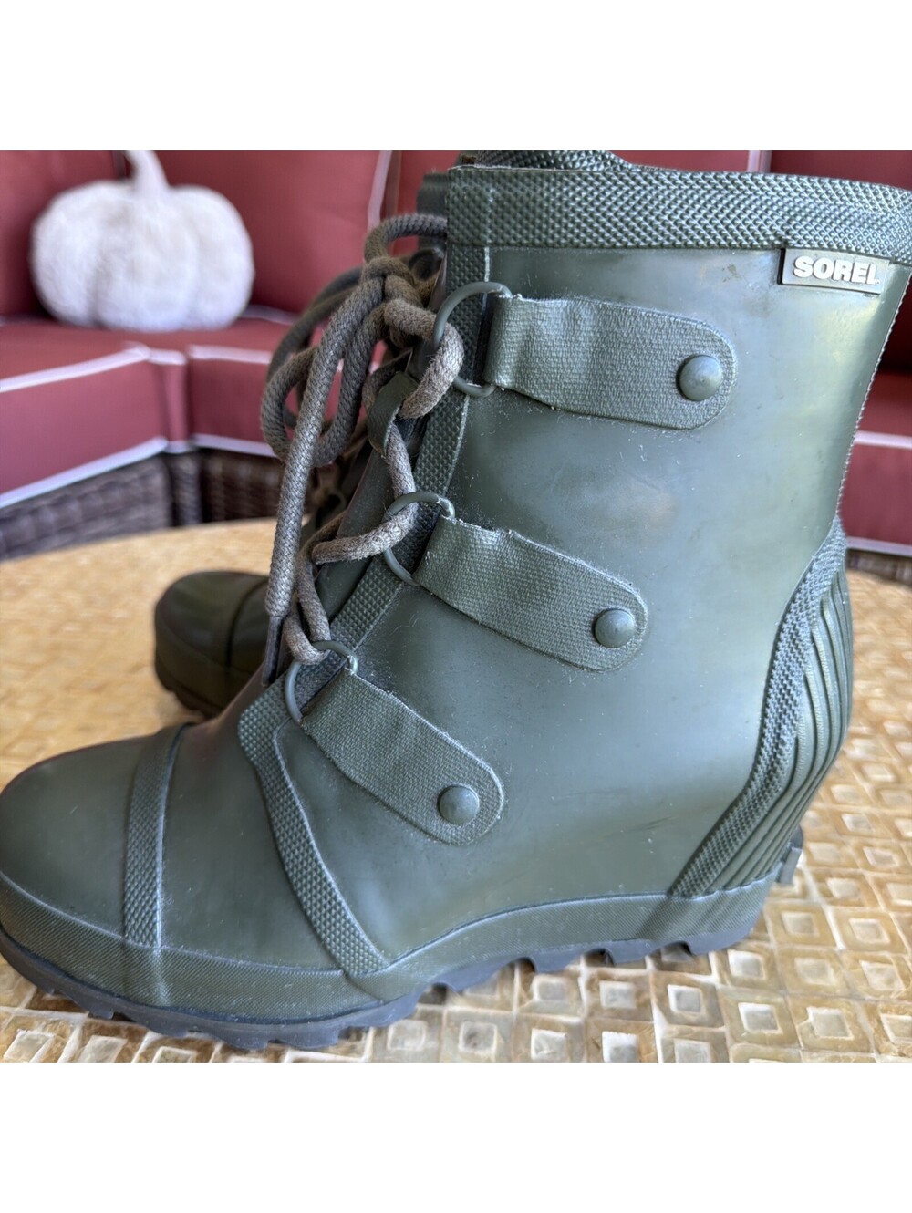 Sorel Womens Green Lace Up Wedge Heel Ankle Rain Boots Size US 8